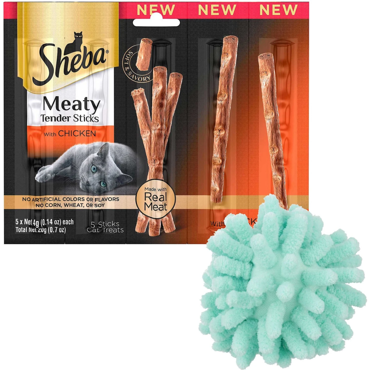 Sheba Meaty Tender Sticks Chicken Flavor Soft Adult Cat Treats & Frisco Moppy Ball Cat Toy With Catnip