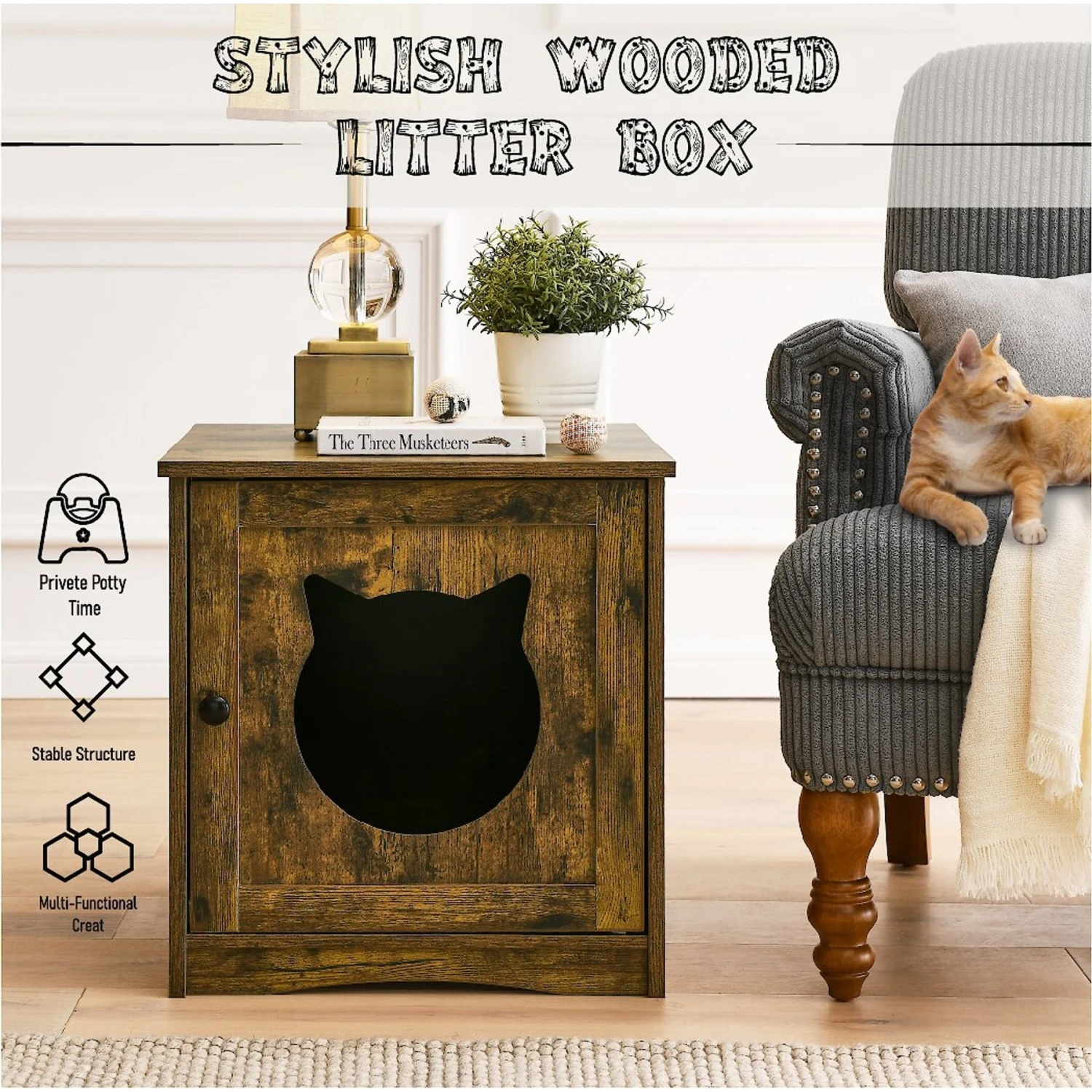 Sweet Barks Enclosed House Side Table Cat Litter Box, Rustic Brown - Image 2