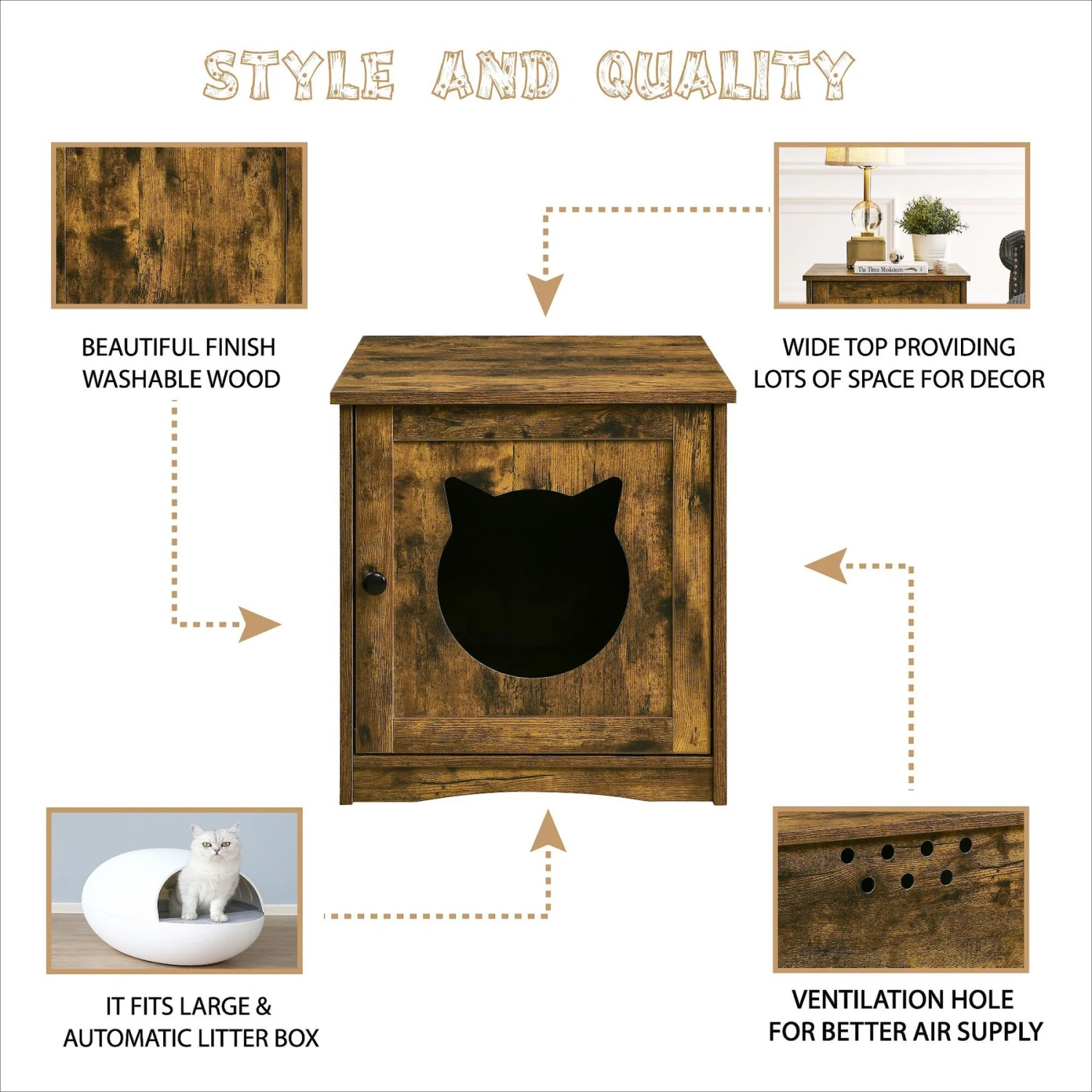 Sweet Barks Enclosed House Side Table Cat Litter Box, Rustic Brown - Image 3