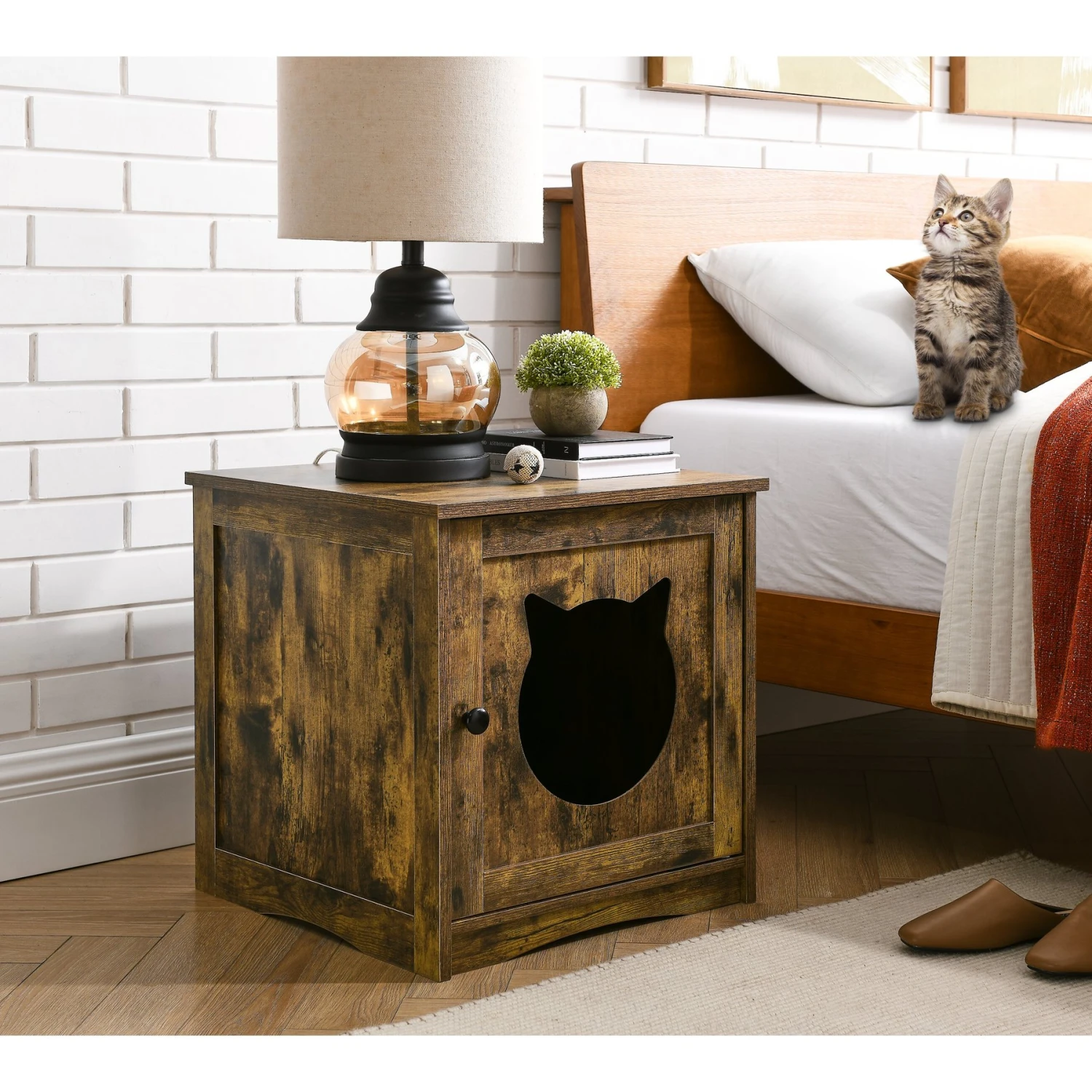 Sweet Barks Enclosed House Side Table Cat Litter Box, Rustic Brown - Image 6