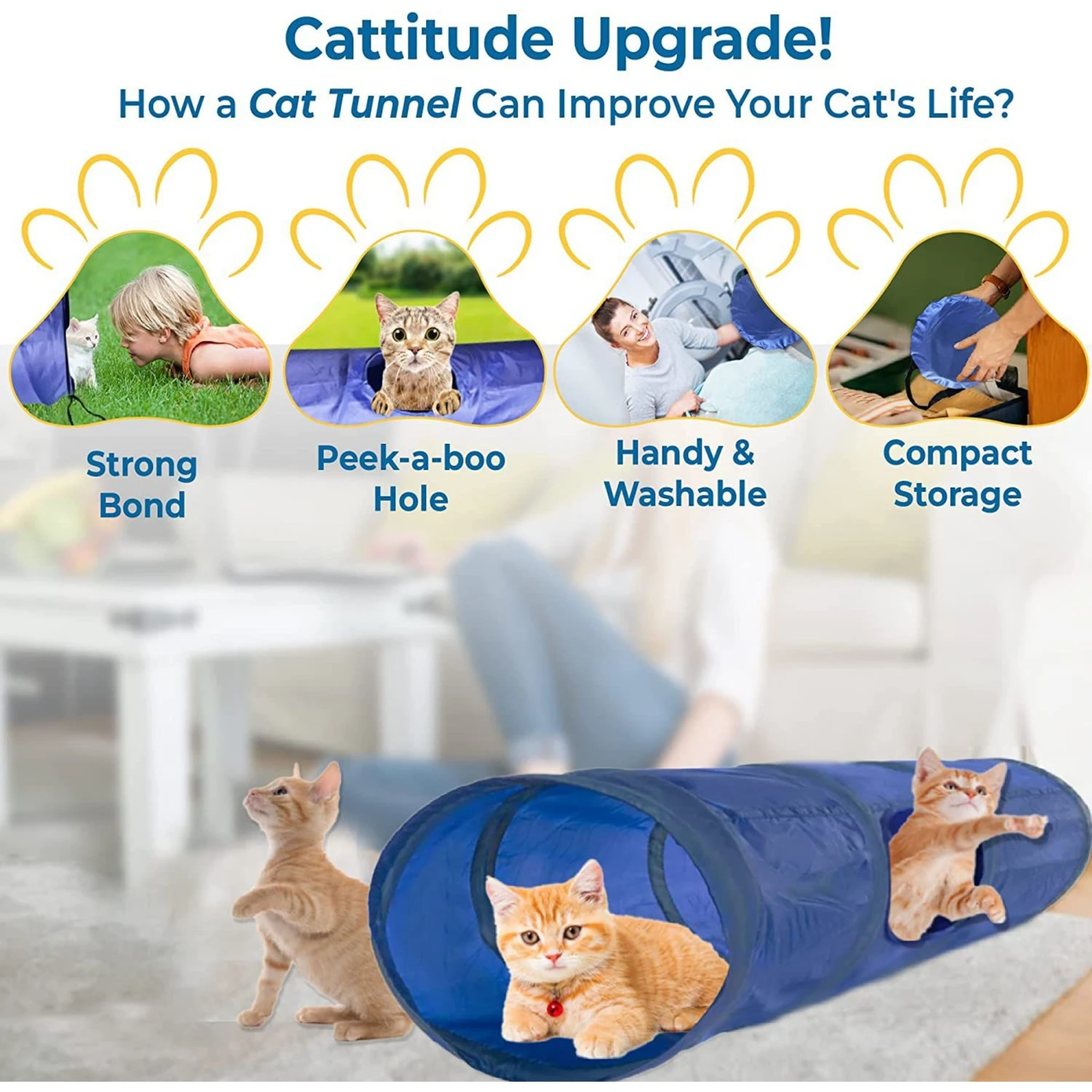 SunGrow Cat & Bunny Collapsible Play Tunnel Indoor Rabbit & Small Pet Crinkle Tube Hideout Toy - Image 4