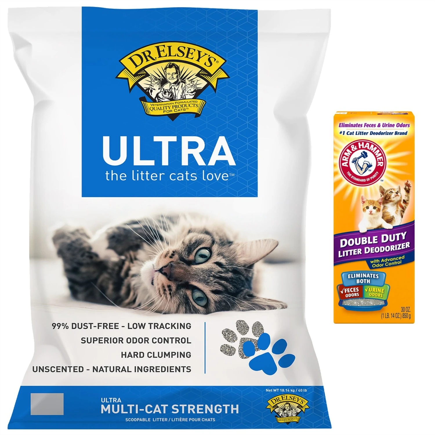 Dr. Elsey's Ultra Unscented Clumping Clay Cat Litter & Arm & Hammer Litter Baking Soda Double Duty Cat Litter Deodorizer