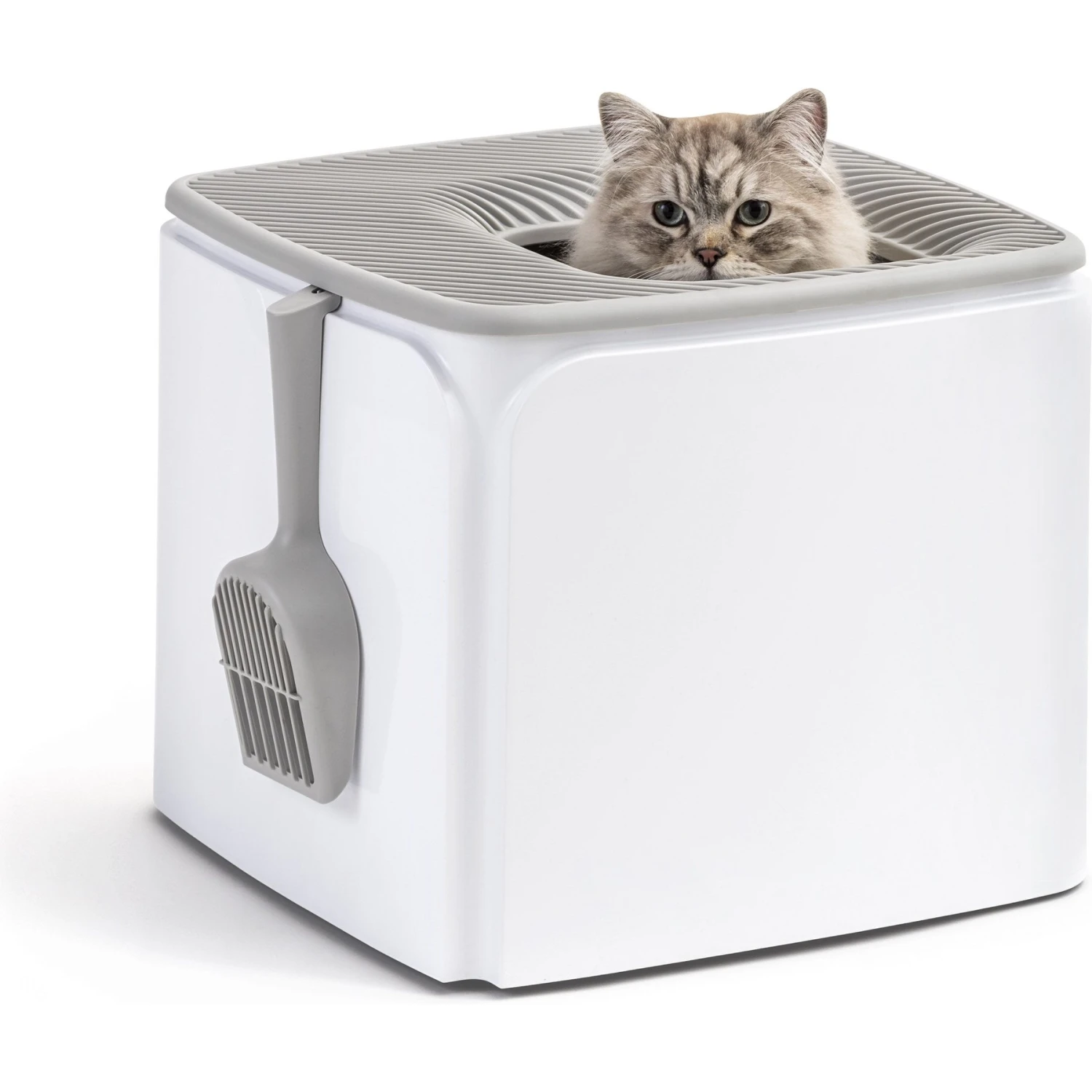 IRIS USA Premium Square Top Entry Cat Litter Box With Scoop, White & Gray, Large