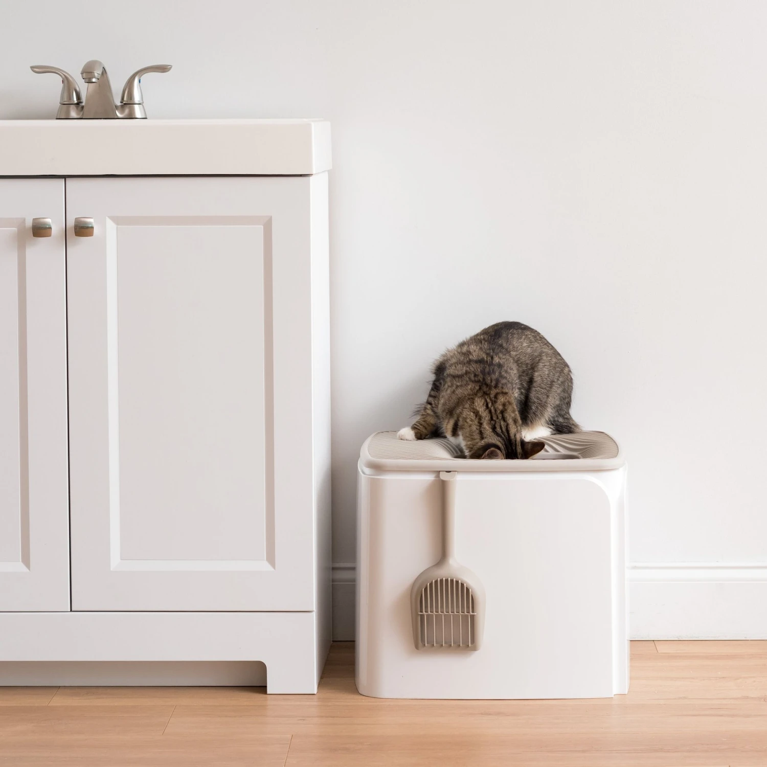 IRIS USA Premium Square Top Entry Cat Litter Box With Scoop, White & Gray, Large - Image 6