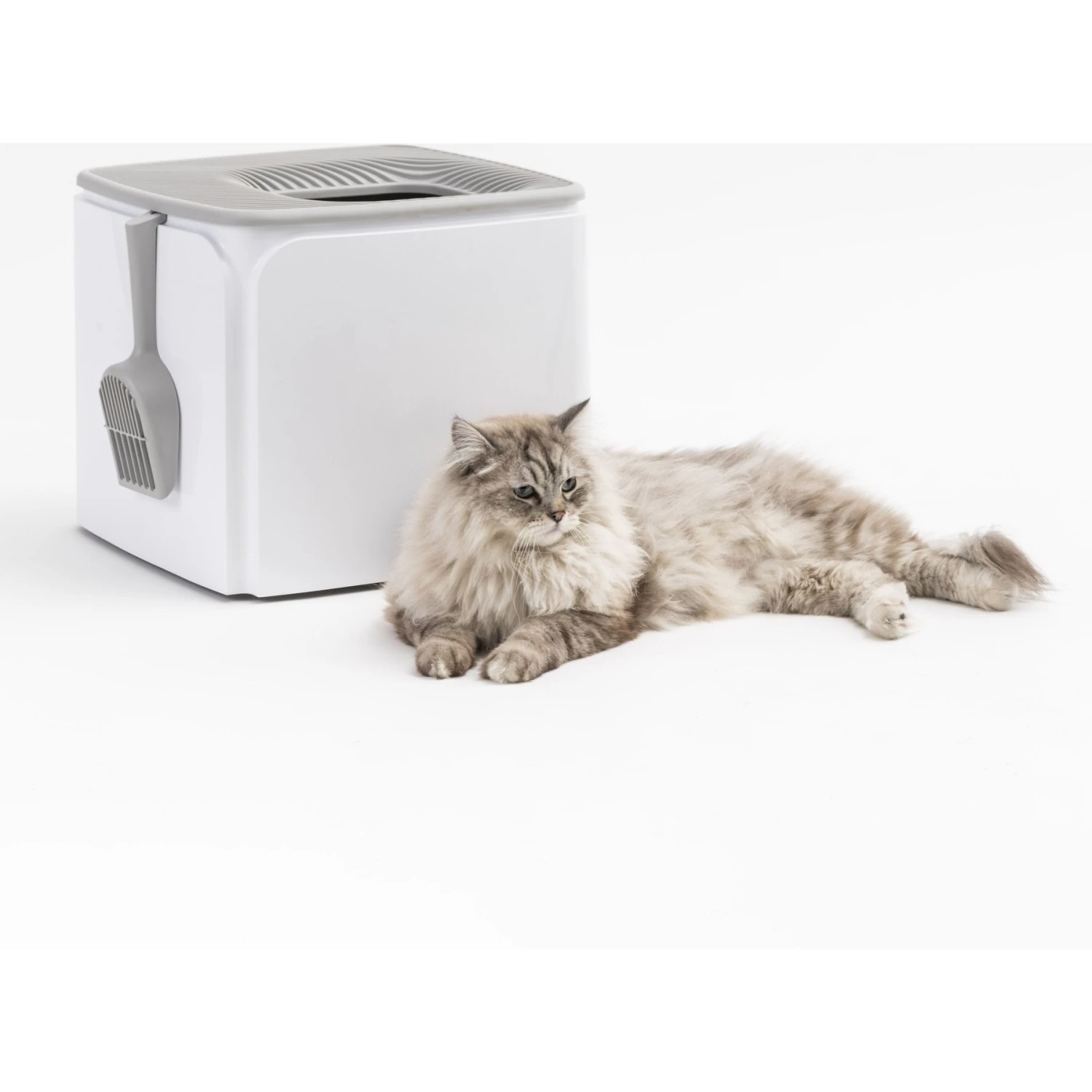 IRIS USA Premium Square Top Entry Cat Litter Box With Scoop, White & Gray, Large - Image 9