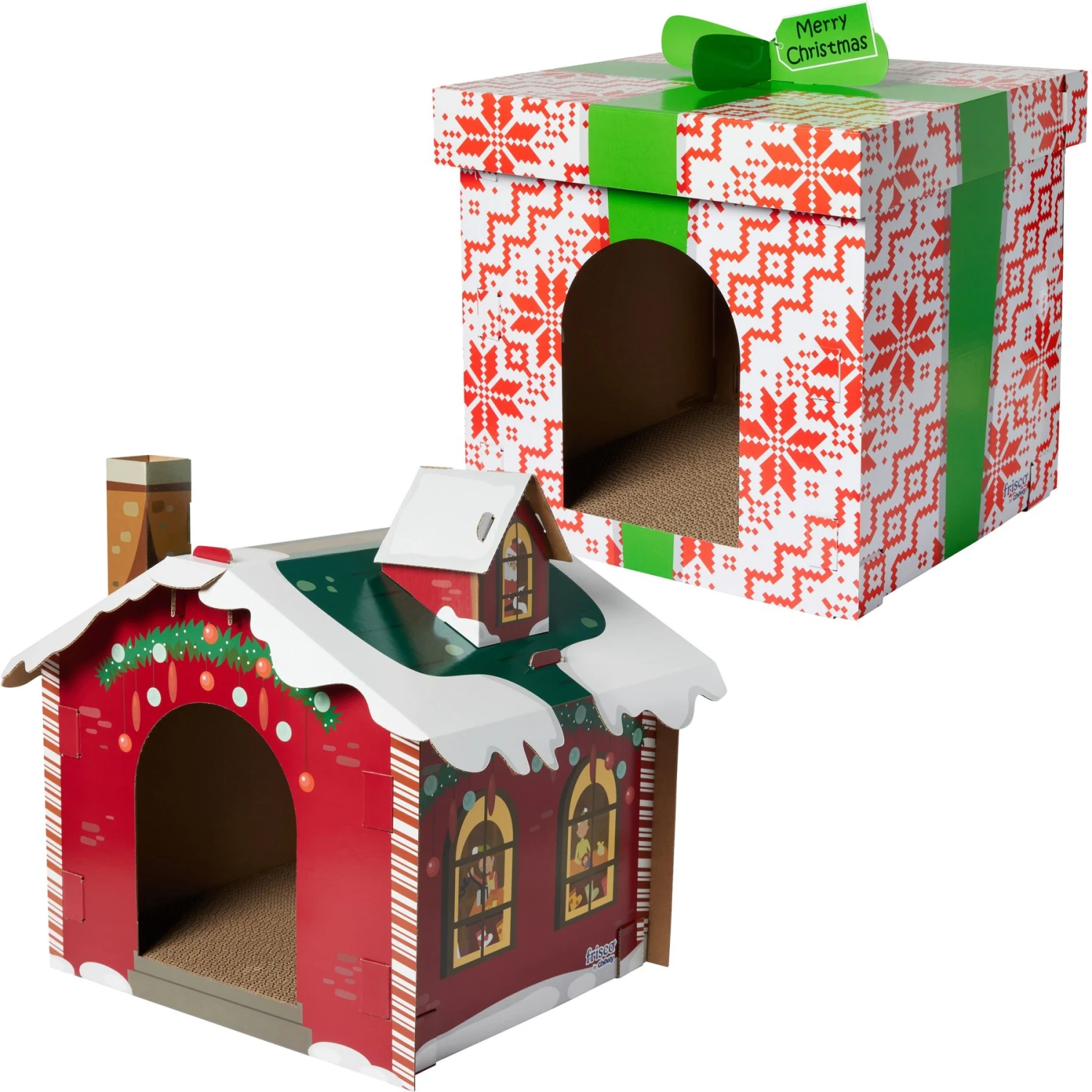 Frisco Holiday Gift Box Cardboard Cat House & Frisco Holiday Santa's Workshop Cardboard Cat House