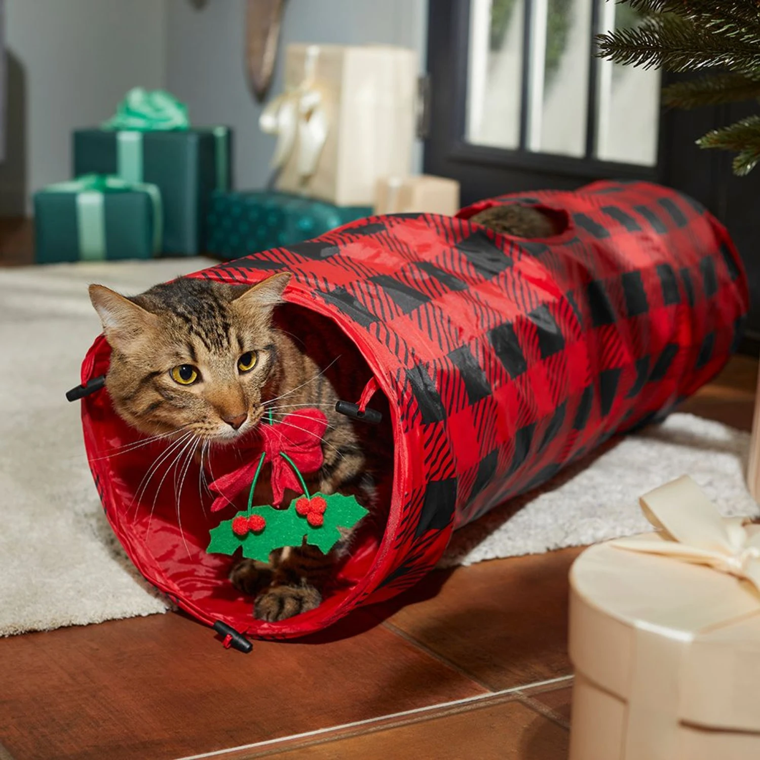 Frisco Holiday Buffalo Plaid Foldable Play Tunnel Cat Toy With Catnip & Frisco Holiday Festive Red Variety Pack Gift Box Cat Toy With Catnip, 14 Count - Image 4